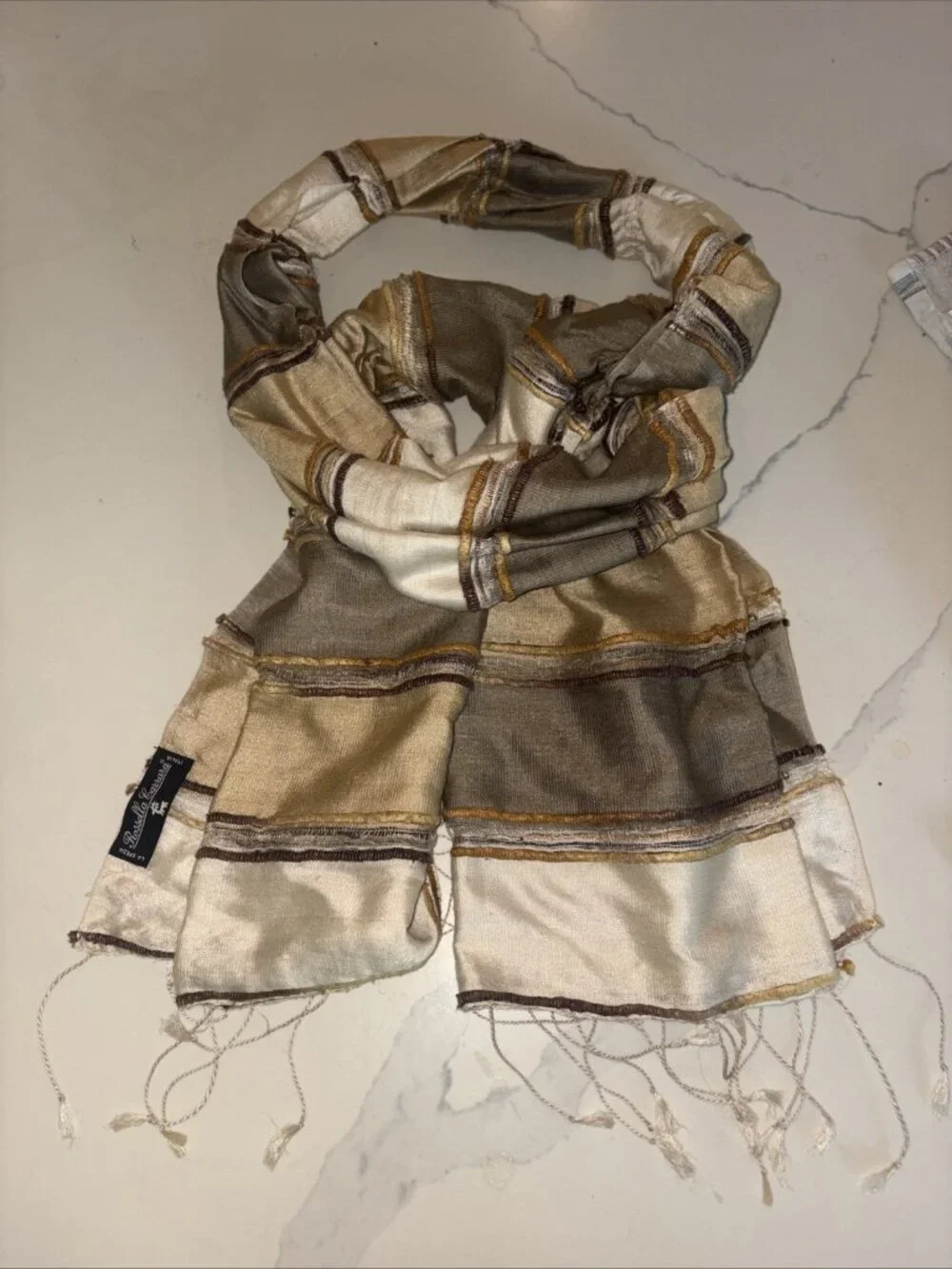 Rossella Carrara striped sheer scarf in a cream, beige, and brown colorway